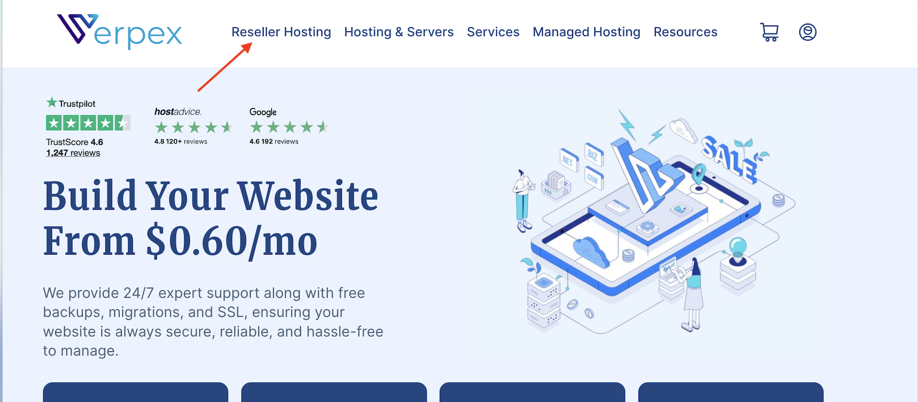 Verpex reseller hosting menu in the top navigation bar