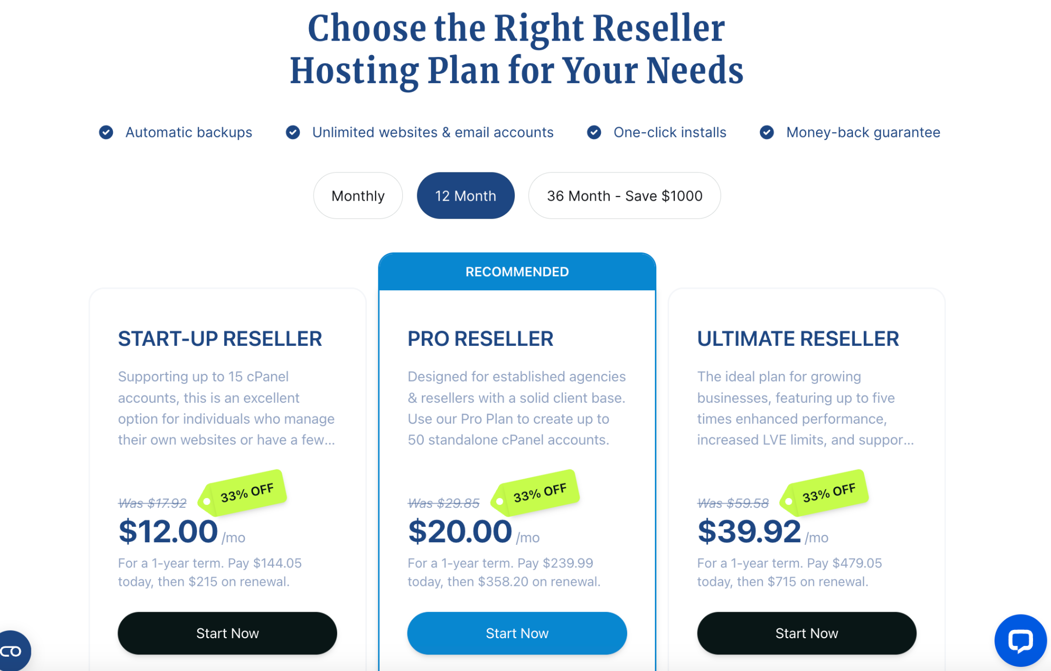 Verpex reseller hosting pricing plans and Start Now button