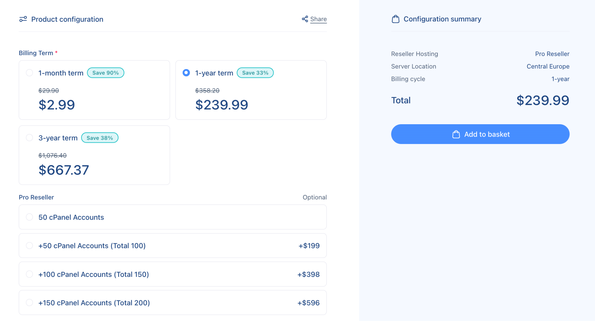 Verpex reseller hosting configuration page with billing term and add-ons