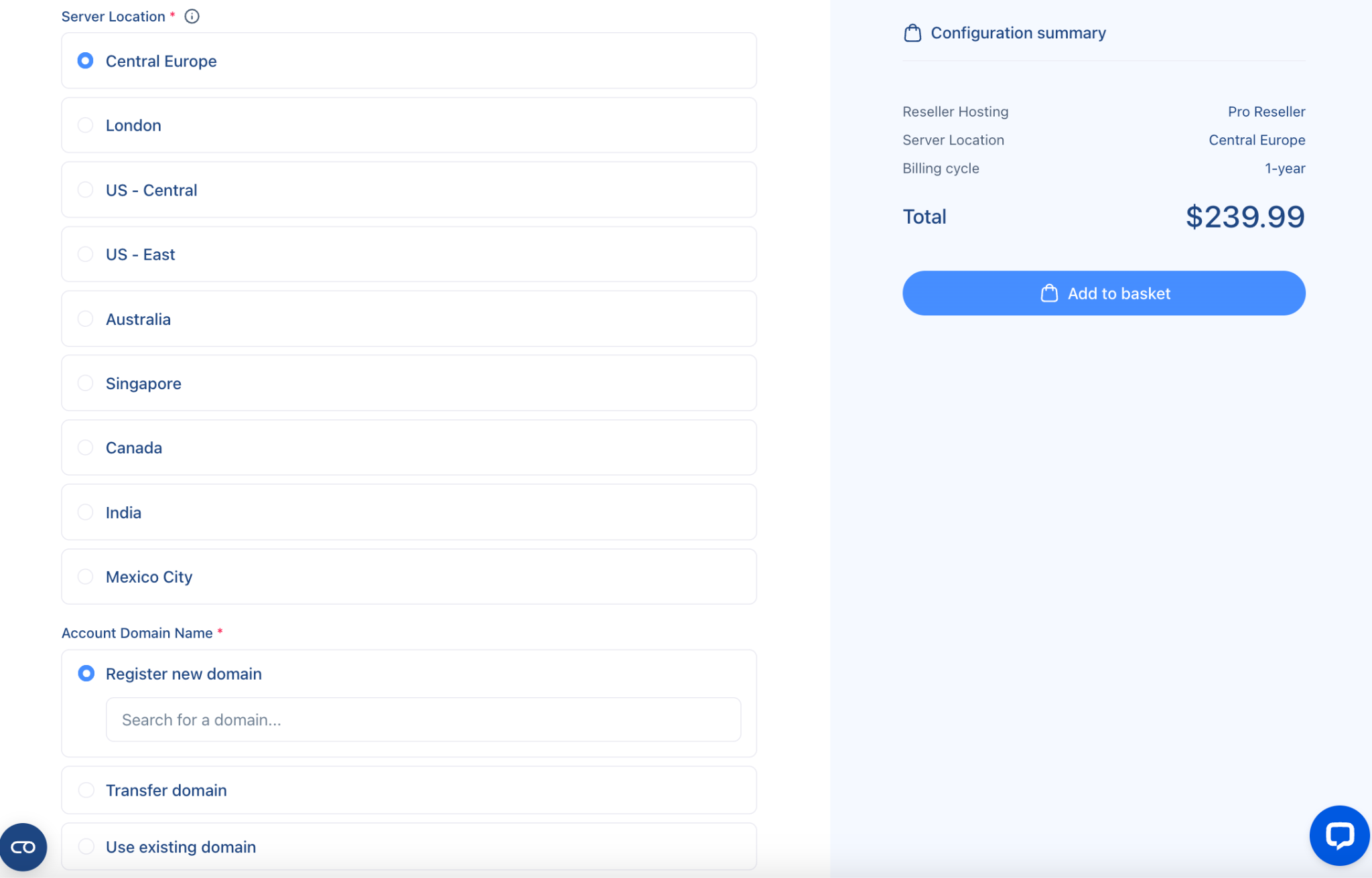 Verpex server location selection and existing domain setup page