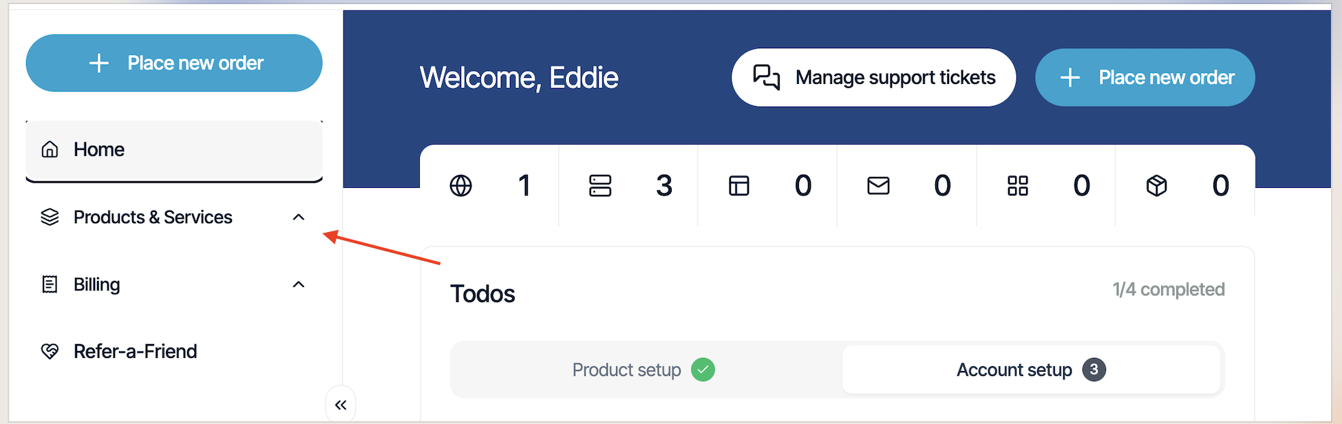 Verpex client area dashboard with sidebar menu