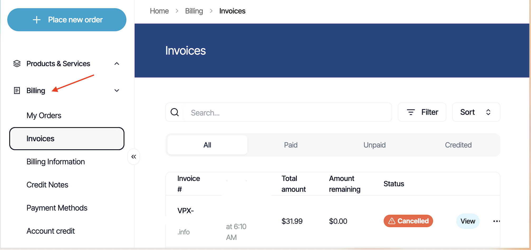Verpex billing menu showing invoice history