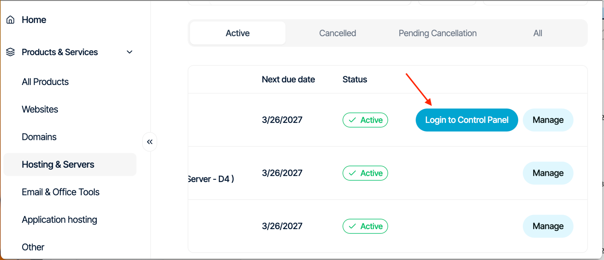 Verpex services list with cPanel login option