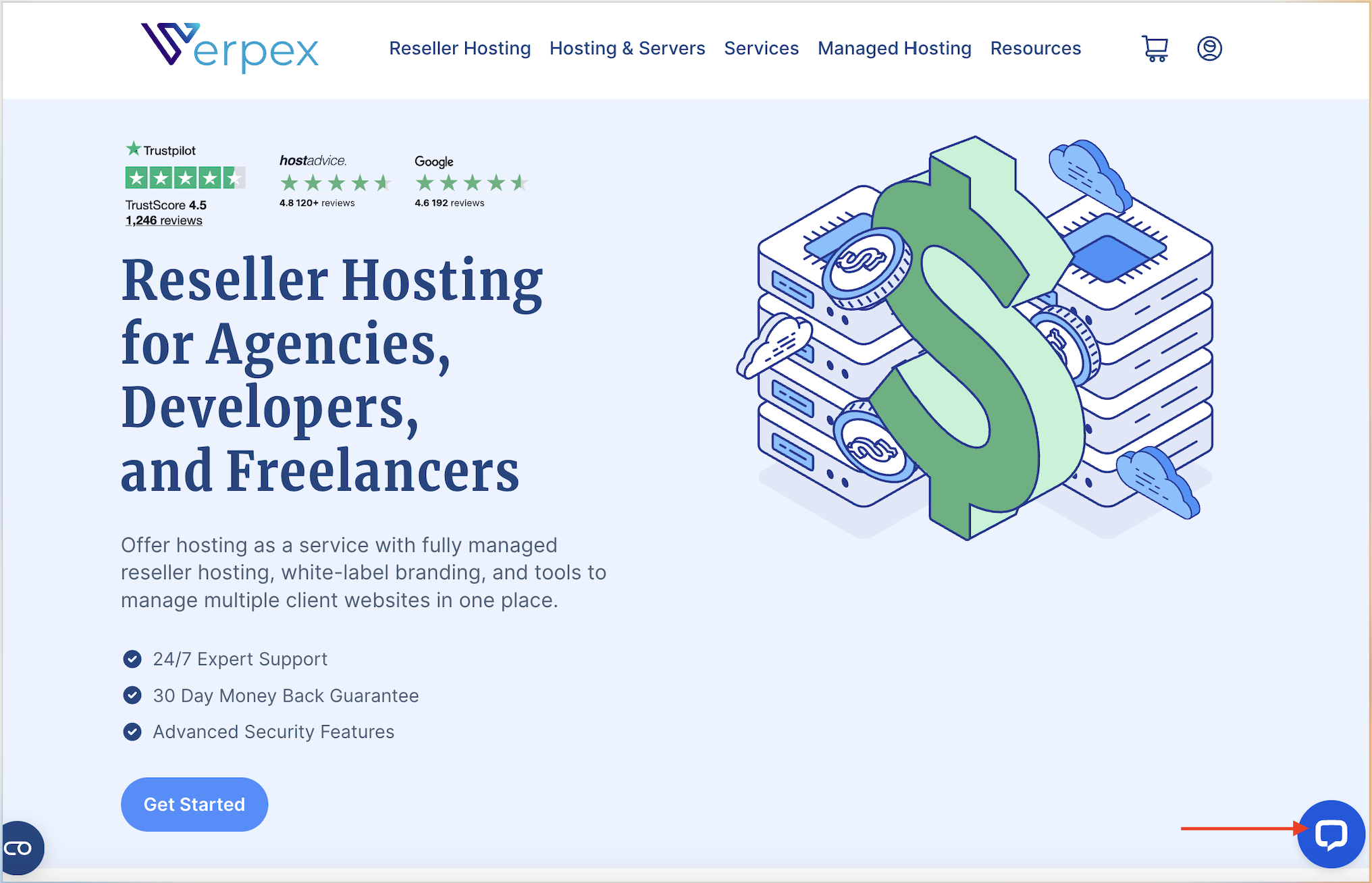 Verpex live chat button on the reseller hosting page
