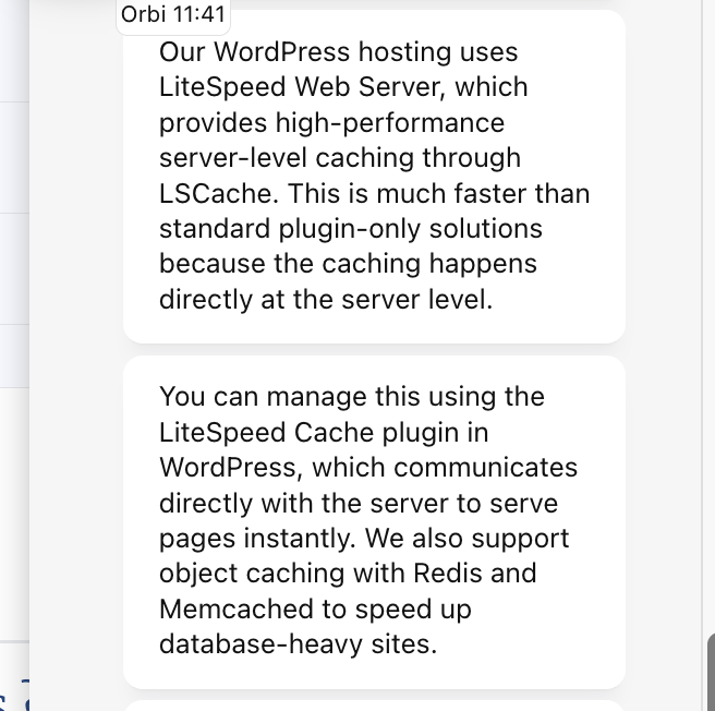Verpex live chat explanation of LiteSpeed server-level caching