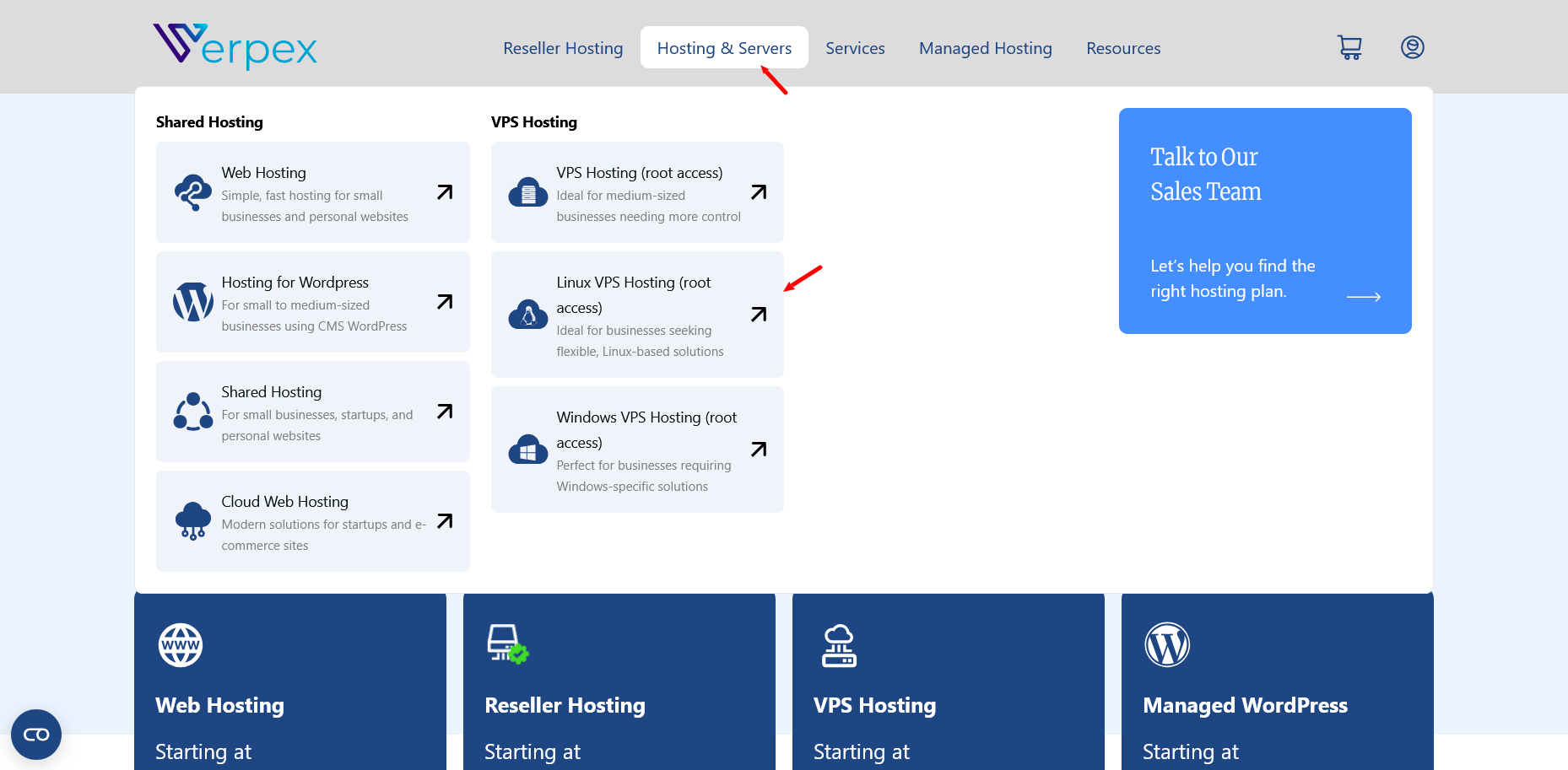 screenshot of Verpex Hosting & Services drop down menu