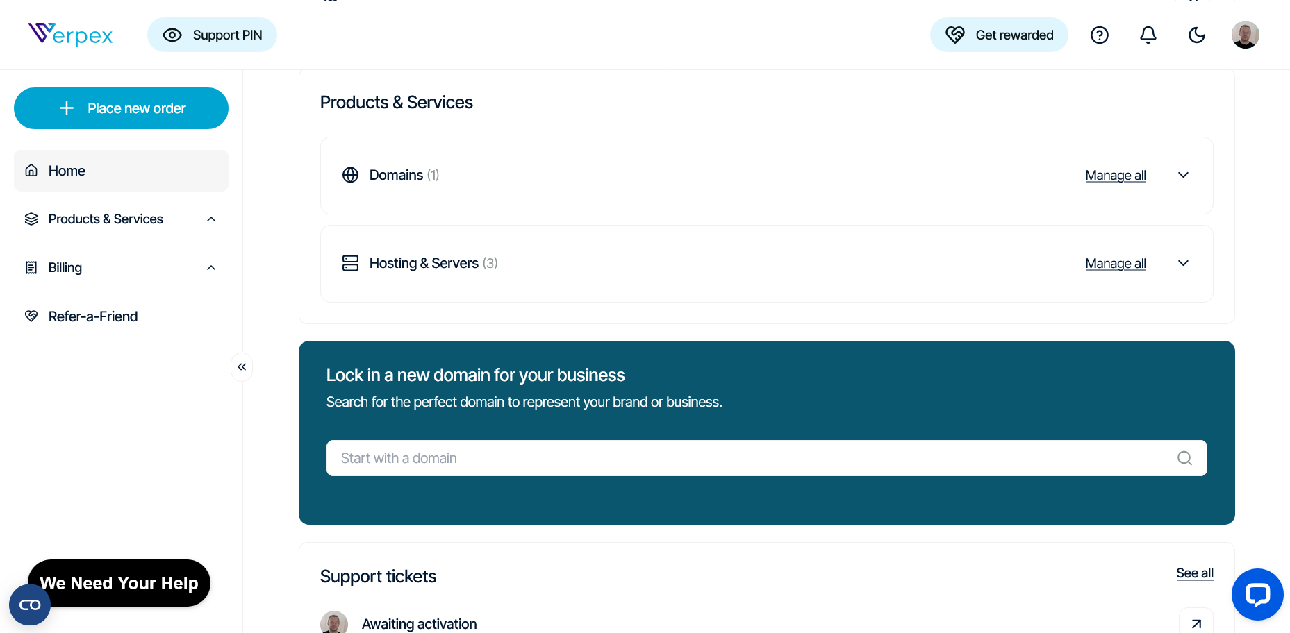 screenshot of Products & Services menu
