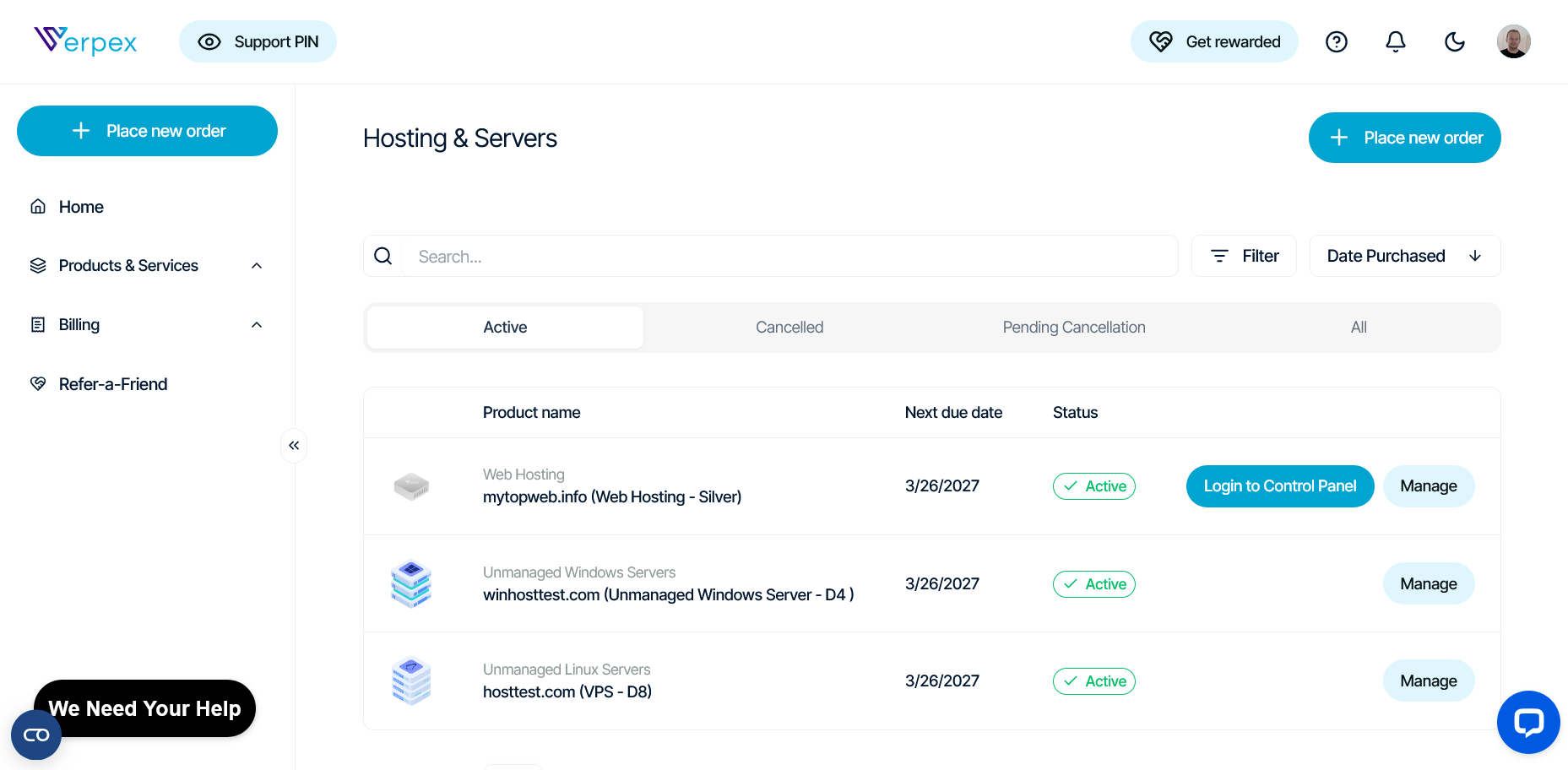screenshot of Products & Services menu