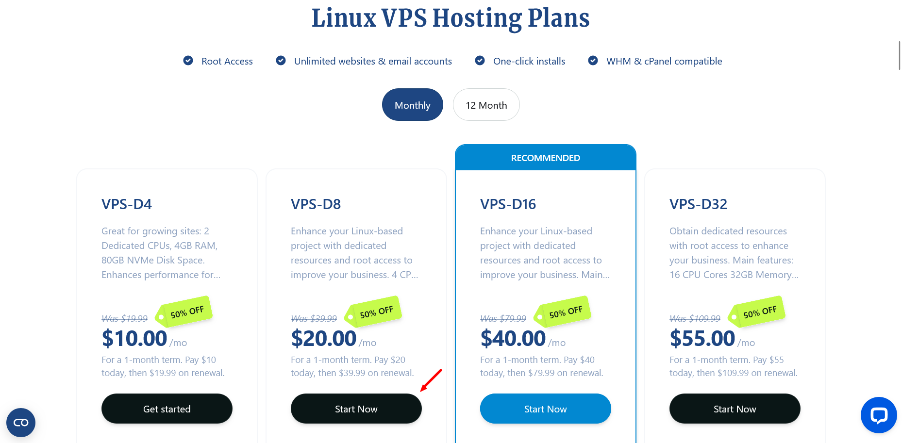 screenshot of Linux VPS Hosting Plans