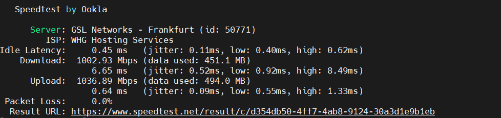 screenshot of Verpex Linux VPS Network speed test results