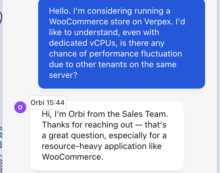 screenshot of Verpex Live chat support conversation