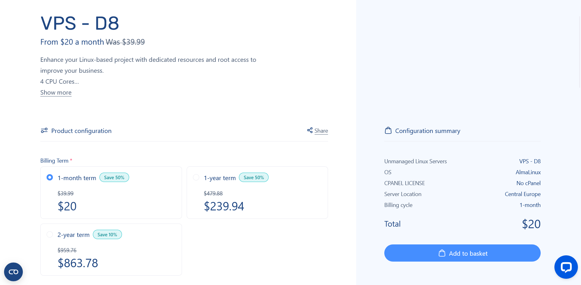 screenshot of Linux VPS Hosting Plan configurations