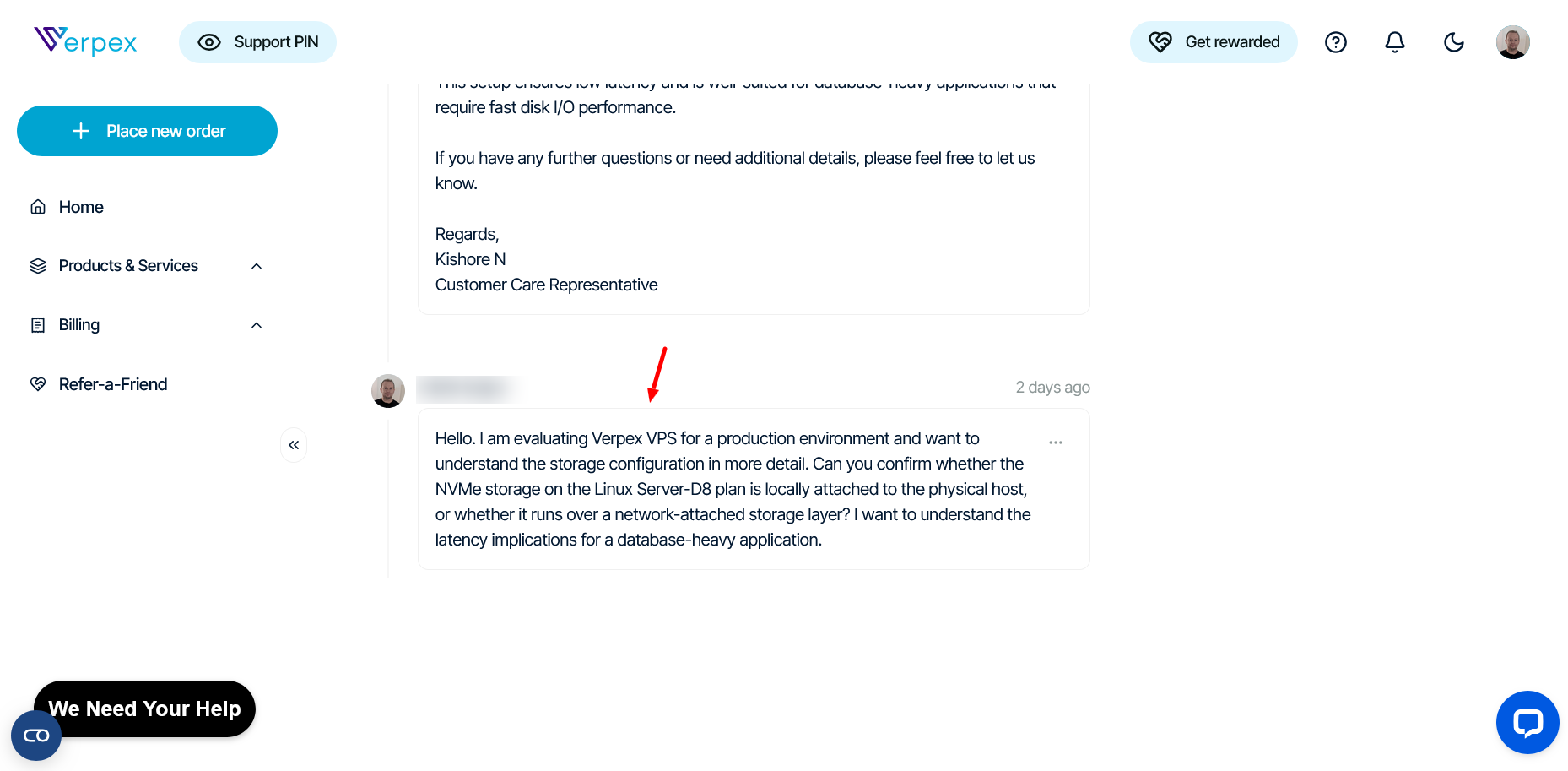 screenshot of Verpex Ticket support conversation