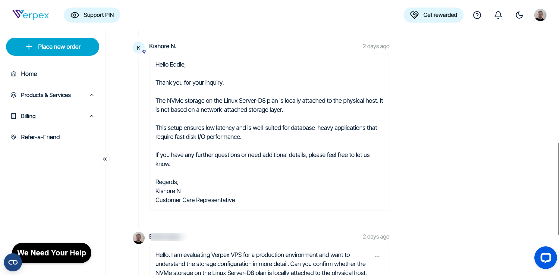 screenshot of Verpex Ticket support conversation