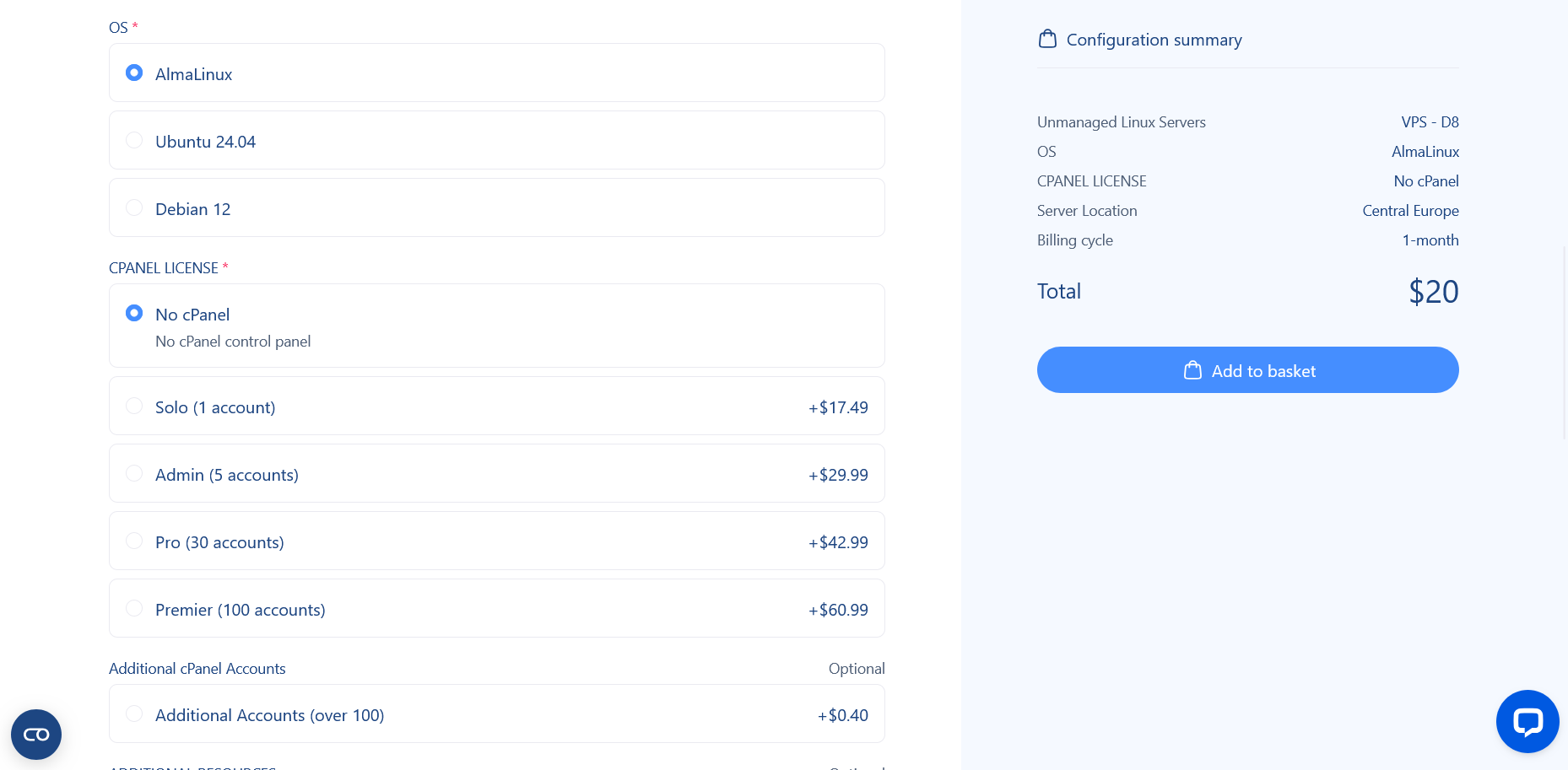 screenshot of Linux VPS Hosting Plan configurations