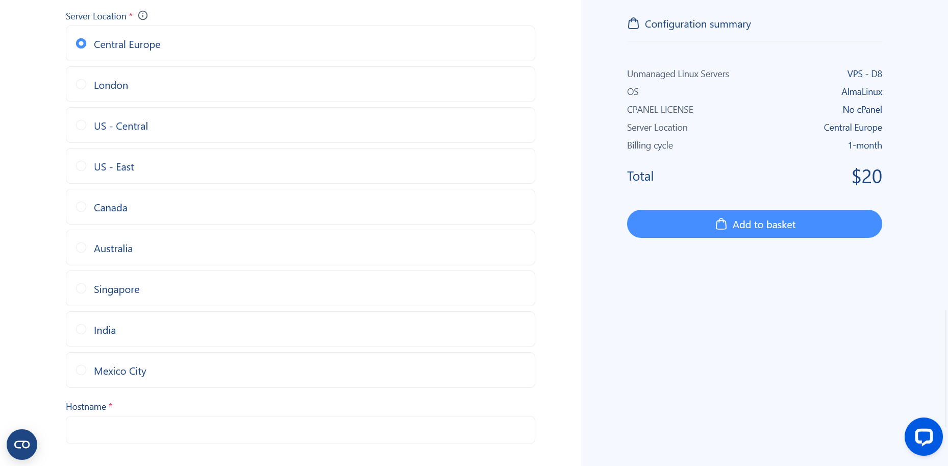 screenshot of Verpex Server locations list