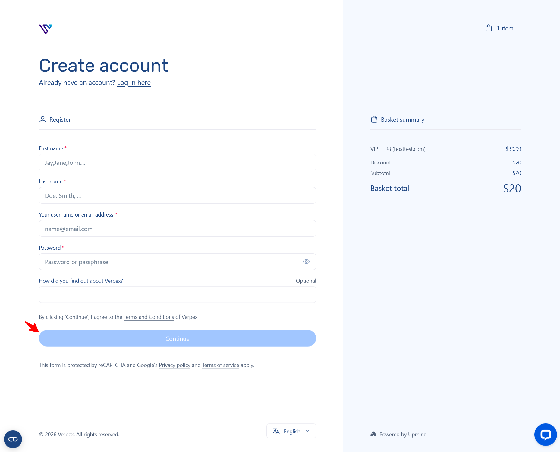 screenshot of the Sign up form