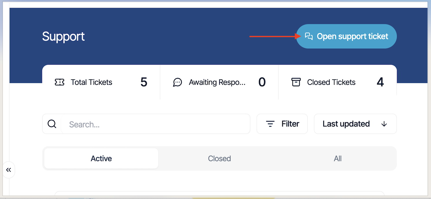 Verpex support page with option to open a new ticket