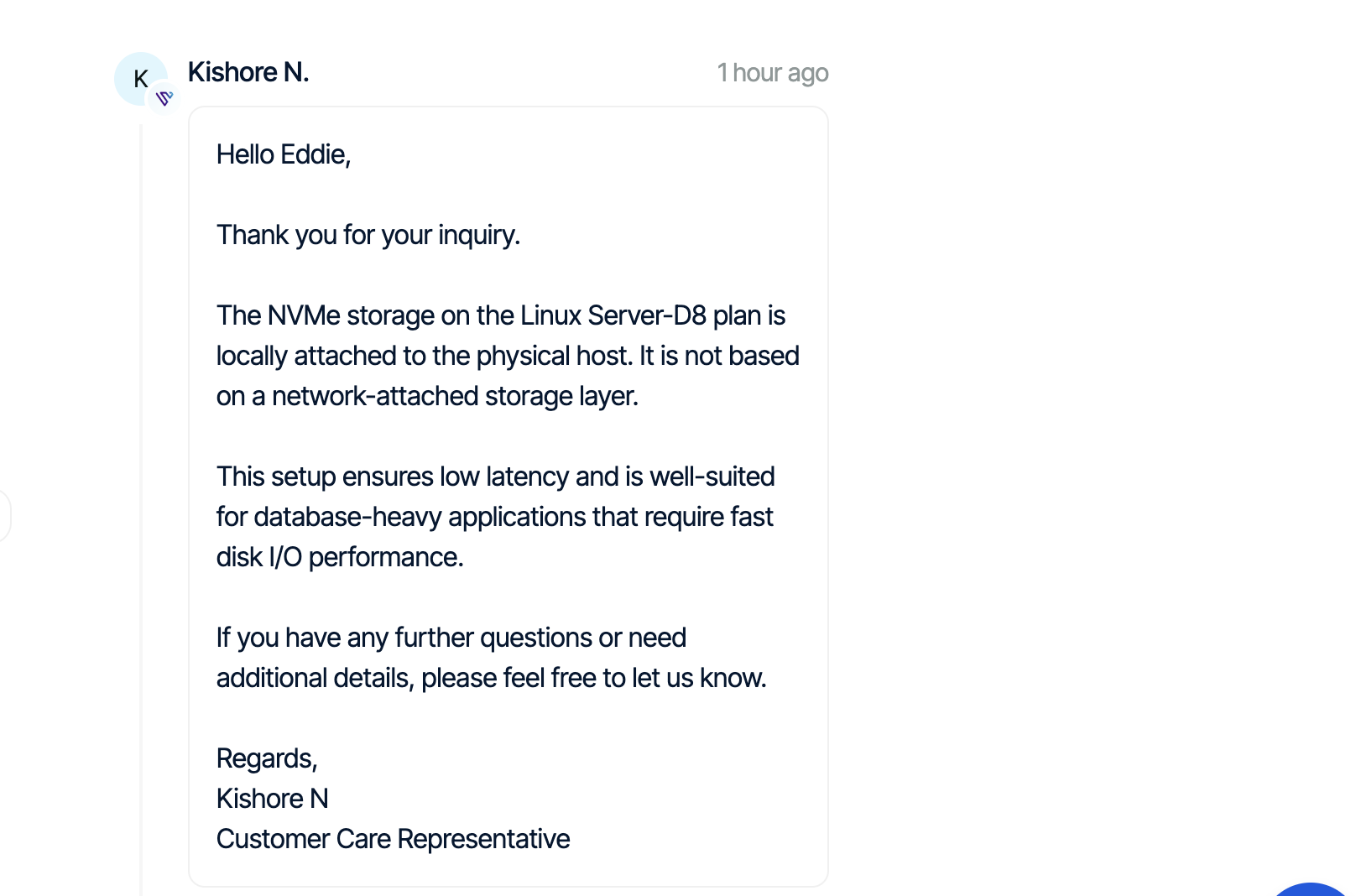 Verpex support ticket response from customer care representative Kishore N