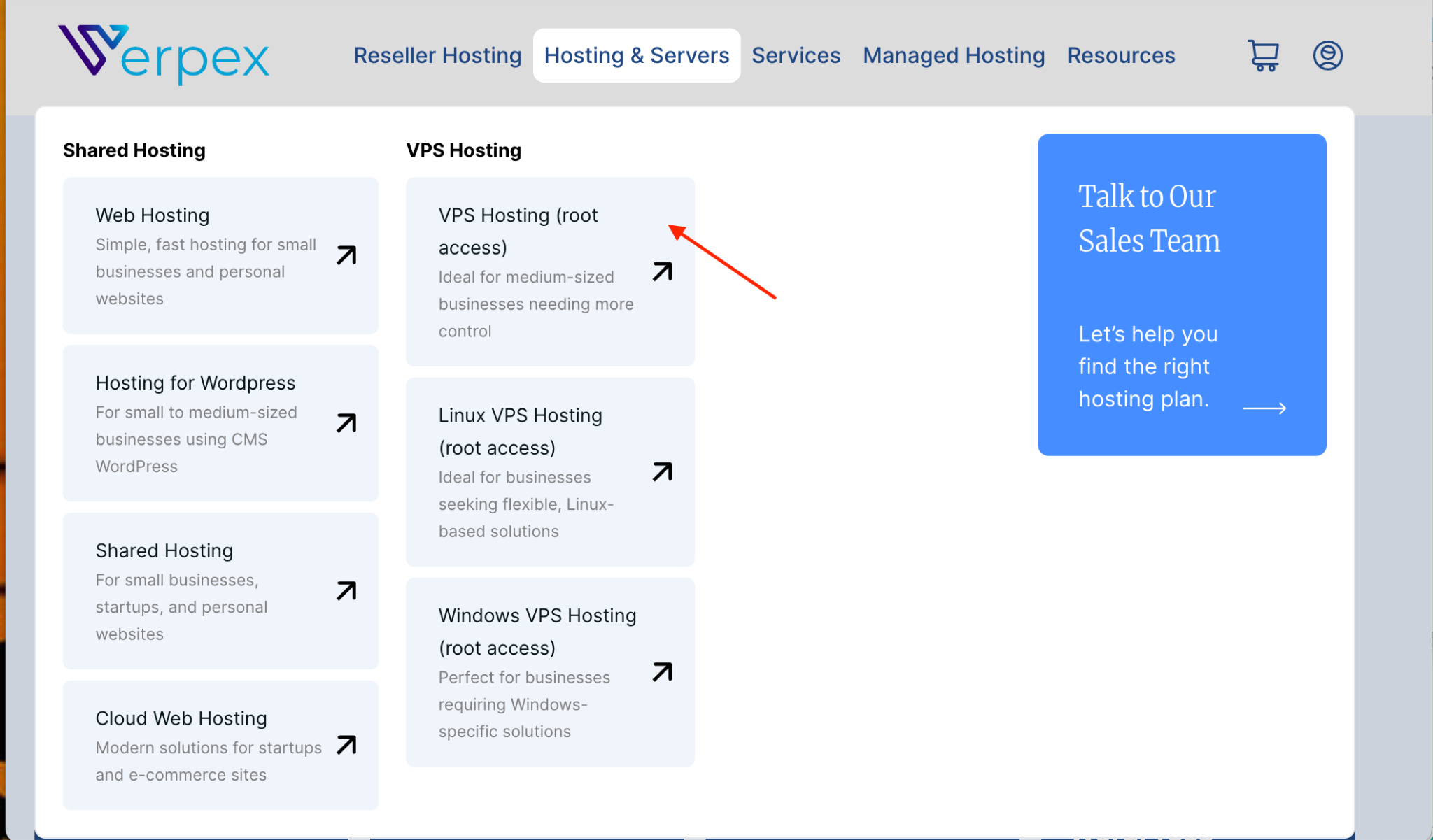 Verpex homepage navigation showing VPS Hosting under Hosting and Servers