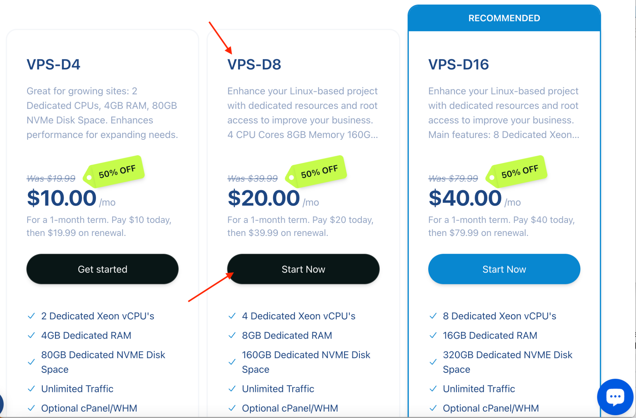 Verpex VPS pricing plans showing VPS-D8 plan selection