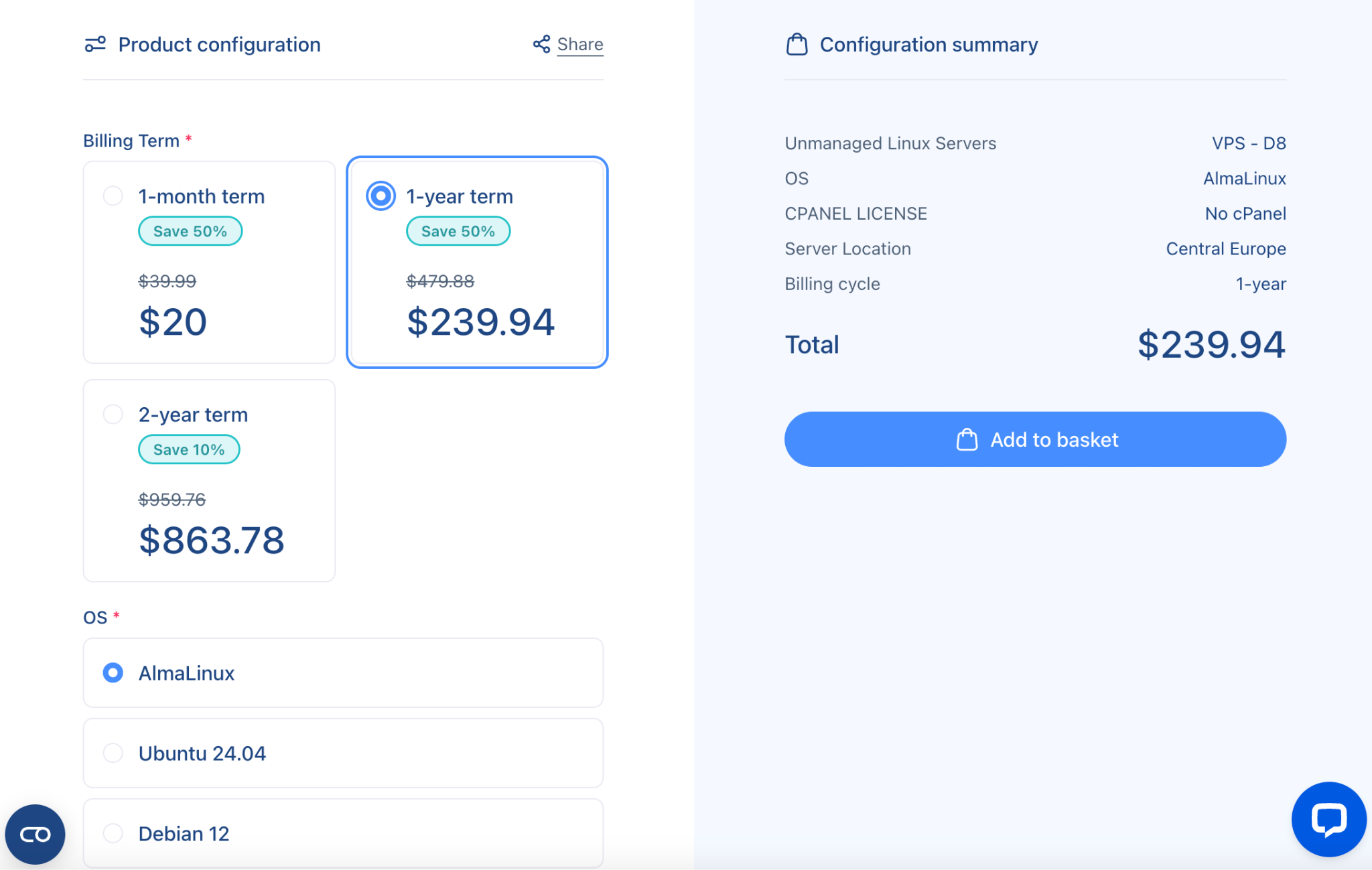 Verpex VPS configuration page showing billing term and operating system options