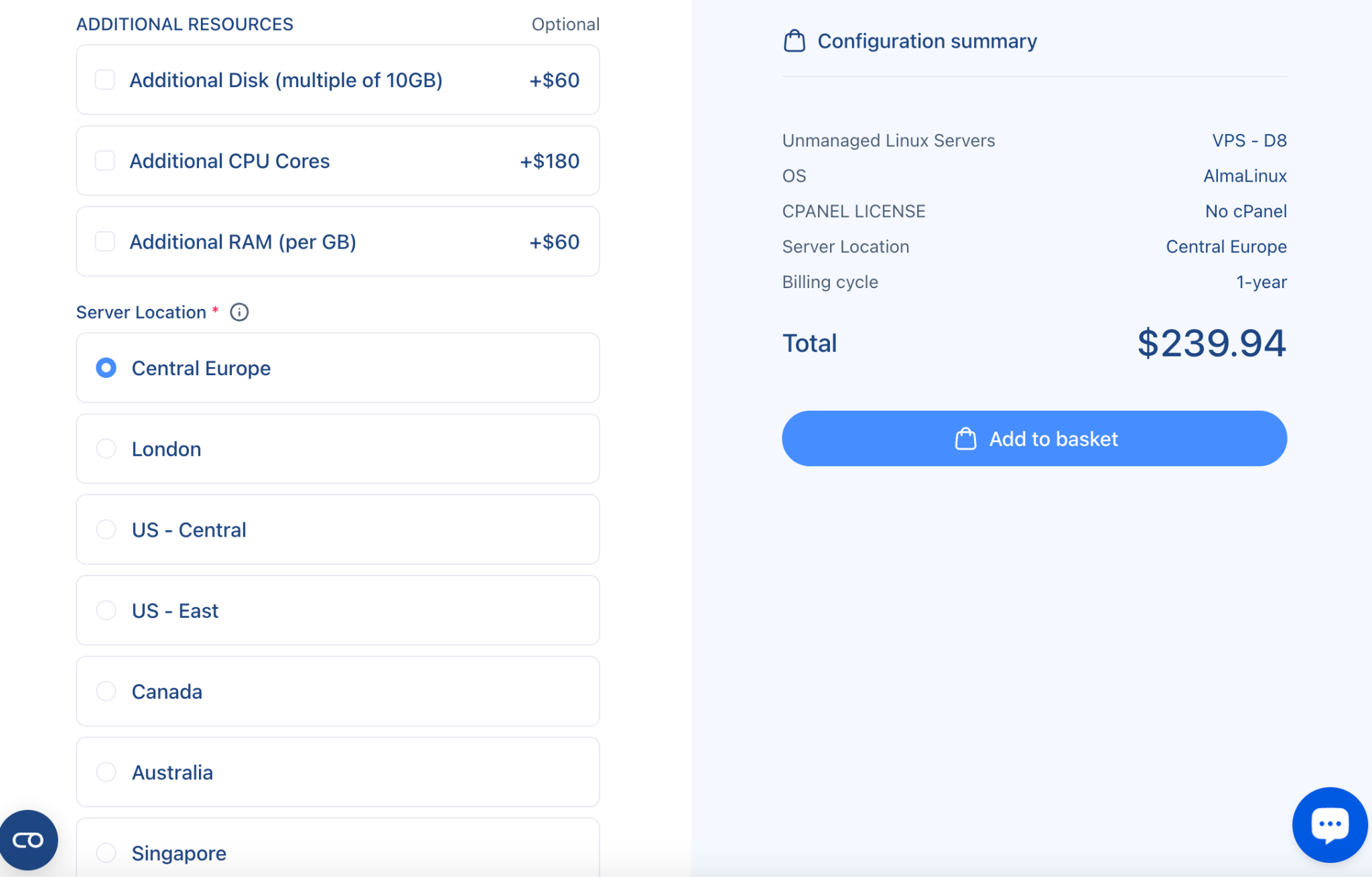 Verpex VPS configuration page showing cPanel resources and server location options