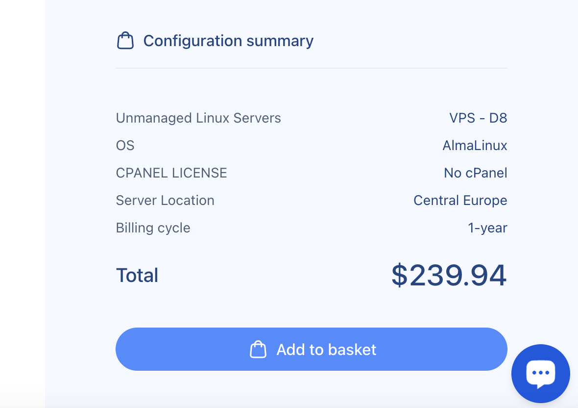 Verpex checkout page showing real-time VPS billing summary