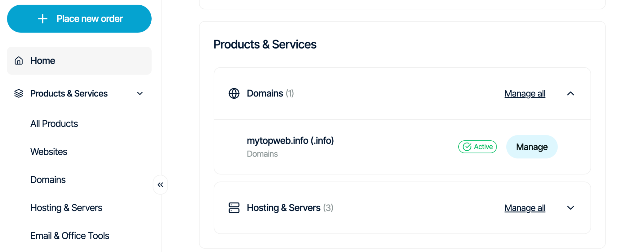 Verpex Products and Services section showing Hosting and Servers tab