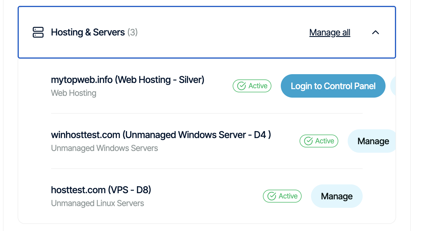 Verpex server list showing VPS hosting plan