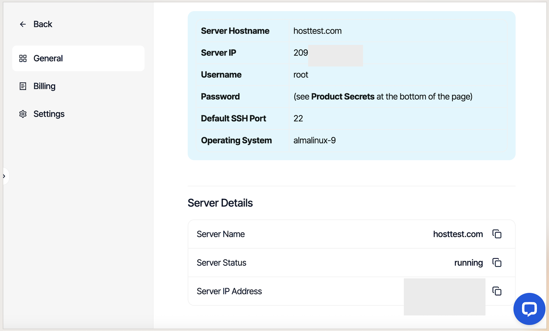 Verpex VPS server details showing server name and IP address