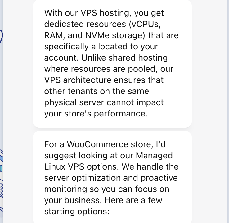 Verpex live chat response explaining VPS resource isolation