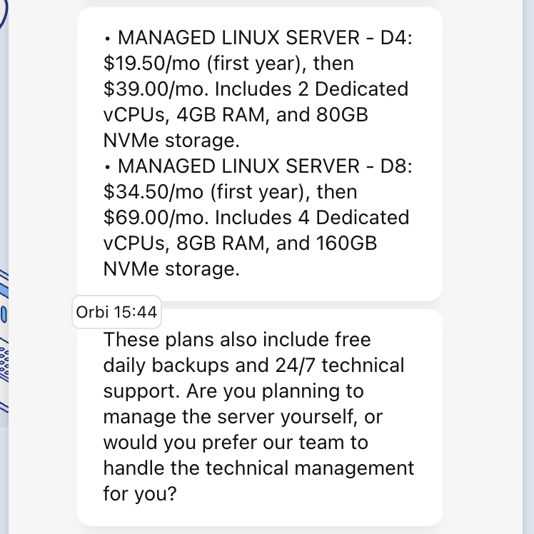 Verpex live chat showing managed VPS pricing recommendation