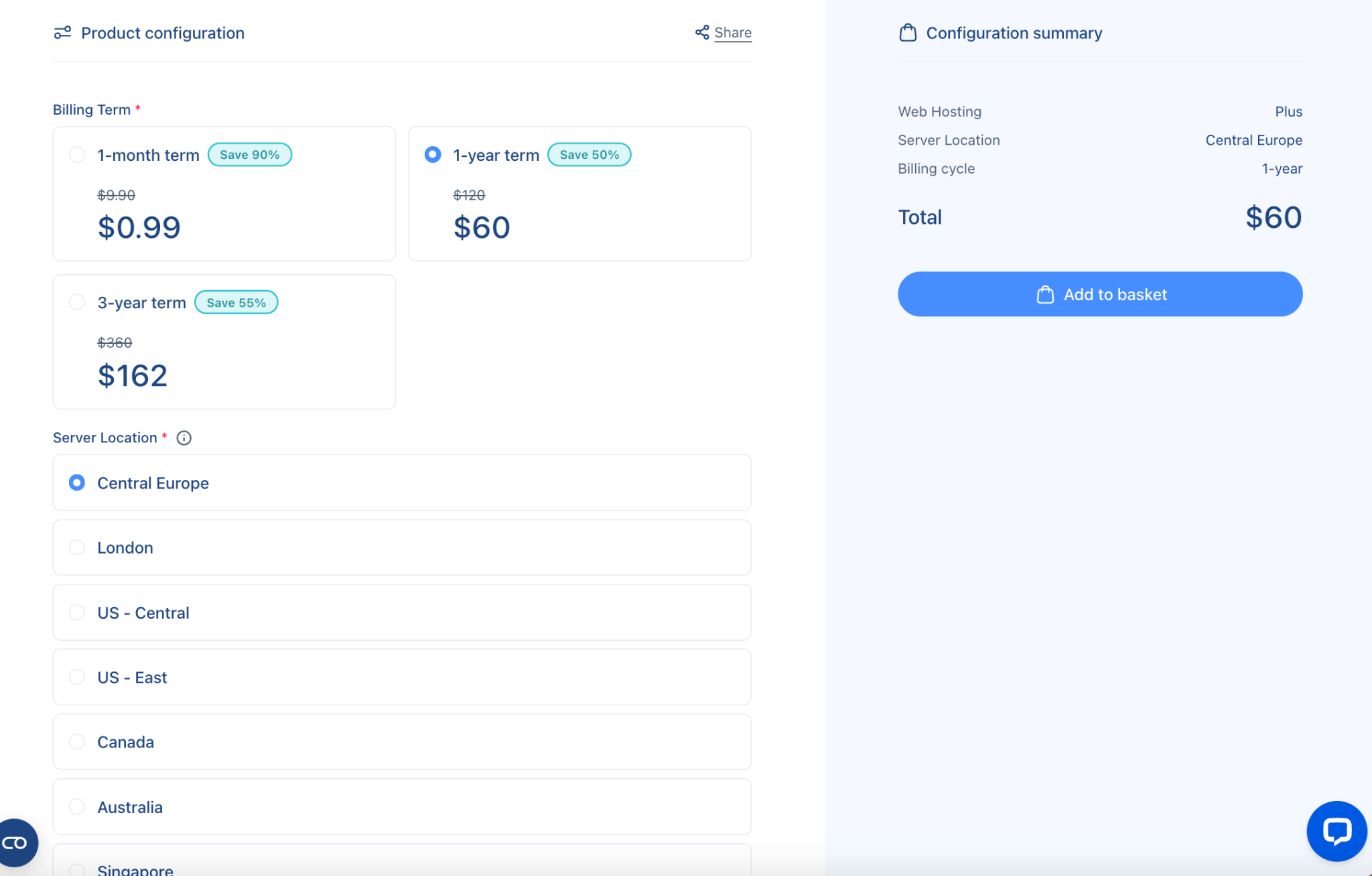Page de paiement Verpex avec durée de facturation et localisation du serveur