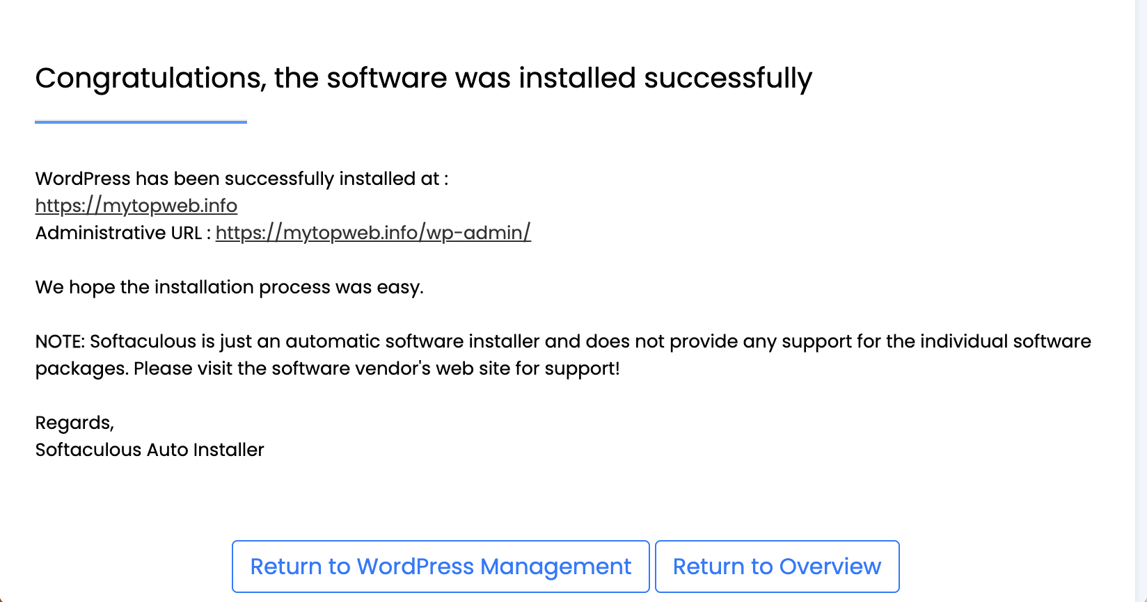 Écran de fin d’installation WordPress dans Softaculous