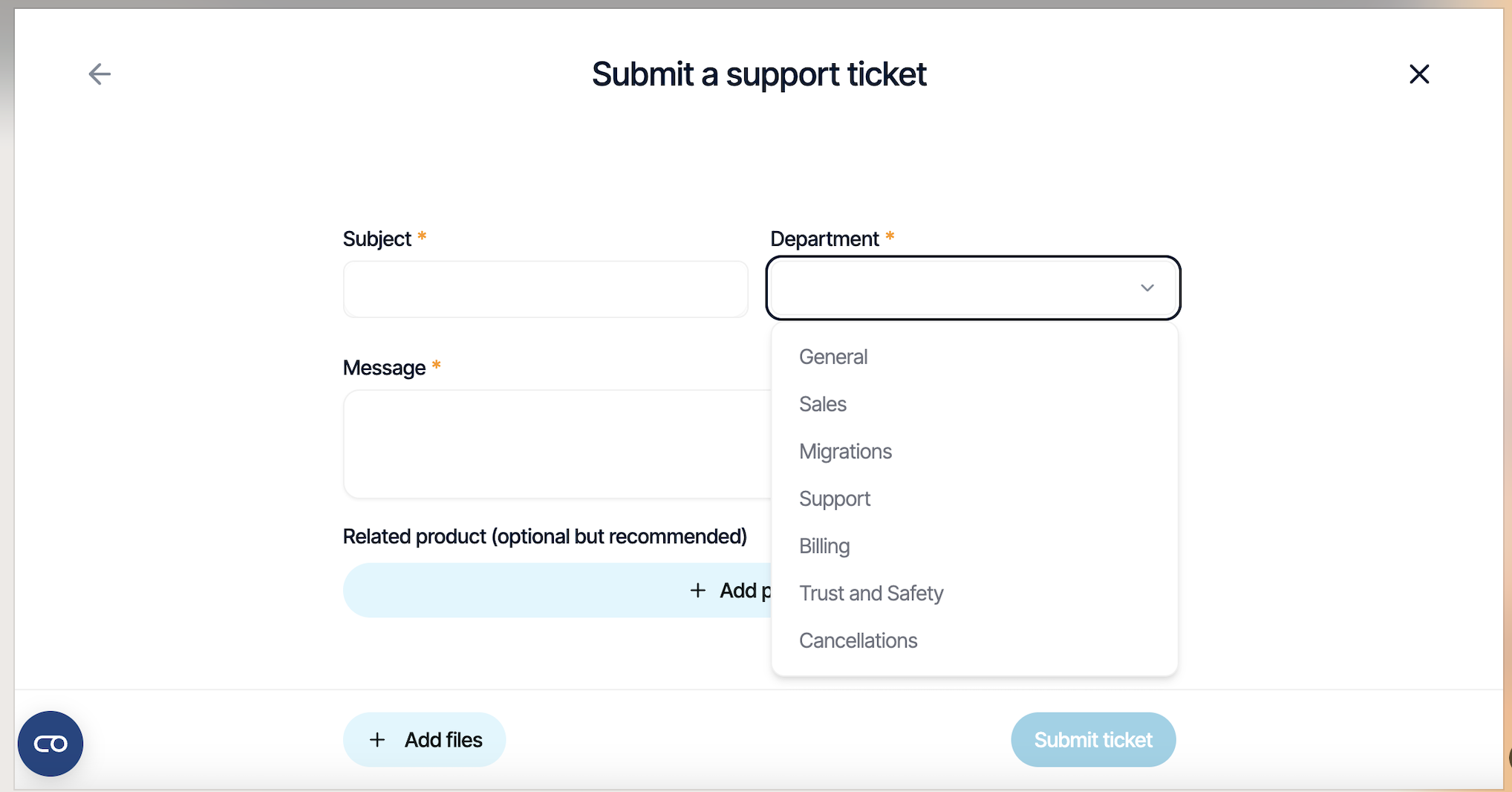 Écran de sélection du département pour les tickets Verpex