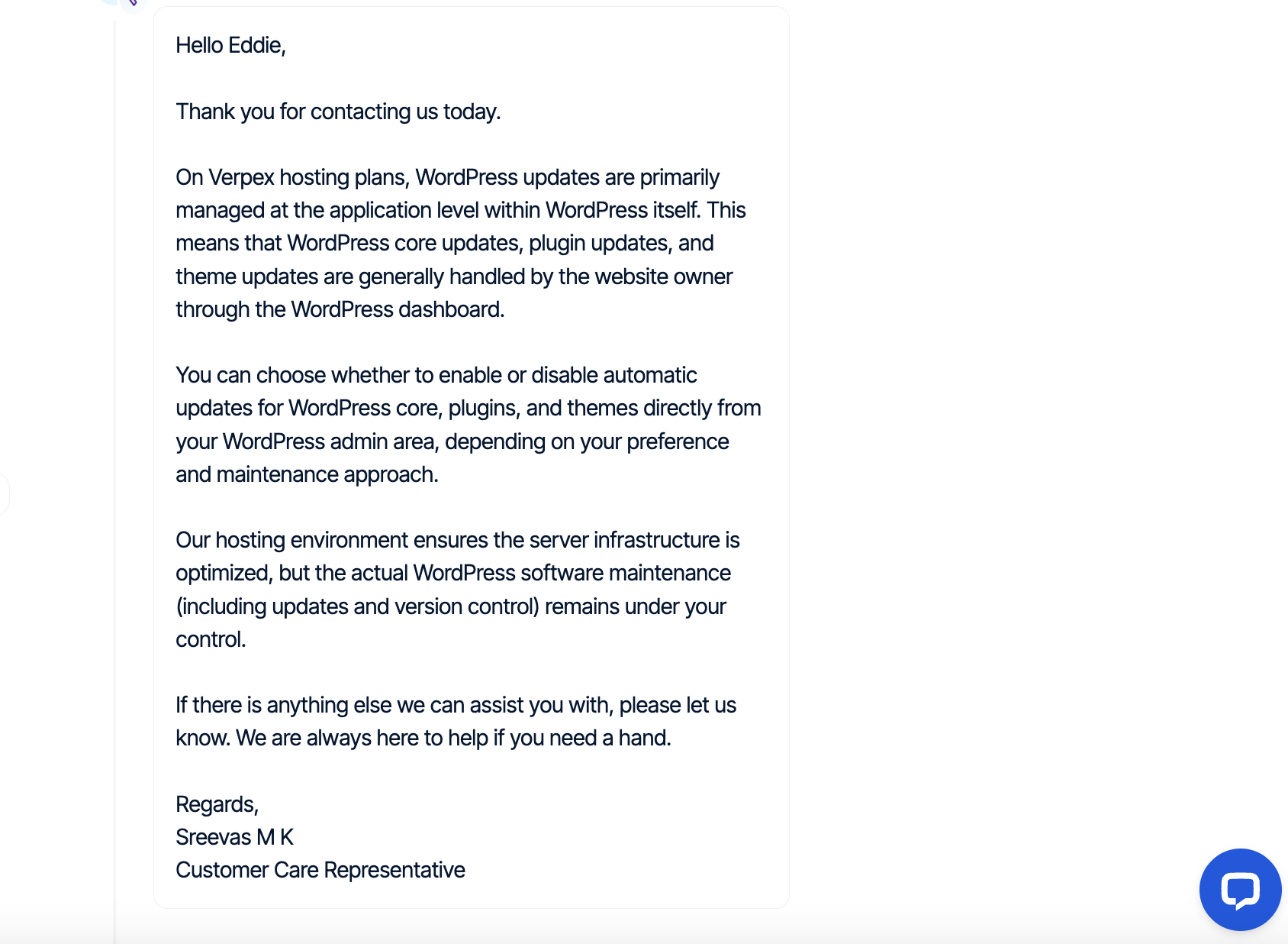 Réponse du ticket de support Verpex de la part d’un représentant du service client