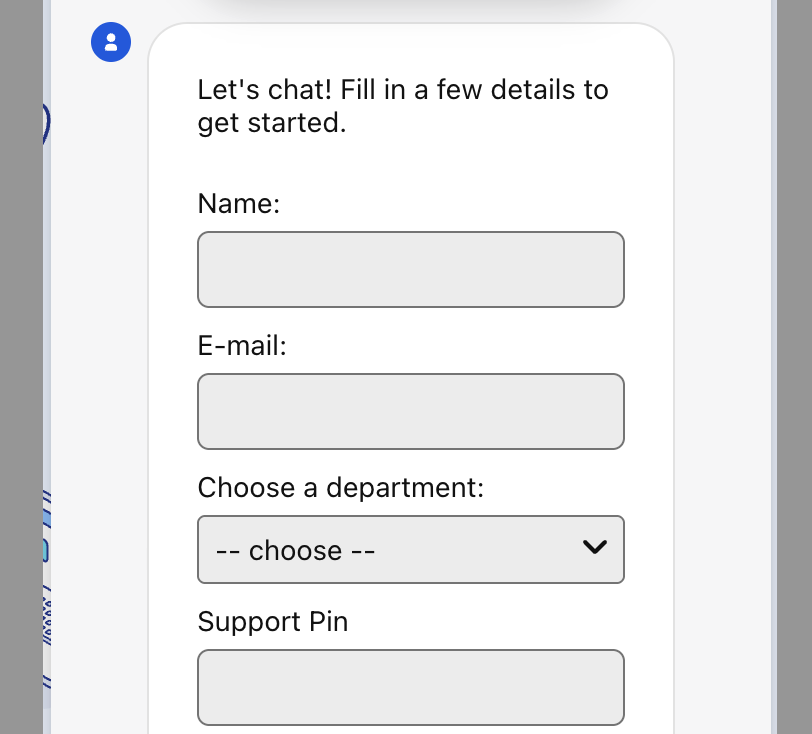 Formulaire d’informations du chat en direct Verpex avec support pin