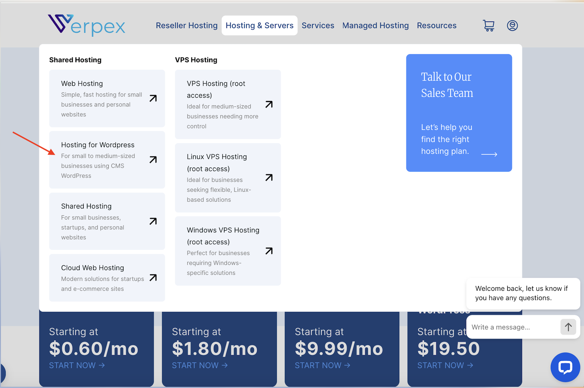 Menu Hosting and Servers de Verpex avec l’option d’hébergement WordPress