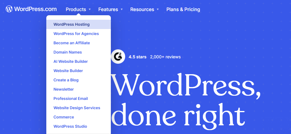 WordPress.com Products drop down menu showing WordPress Hosting