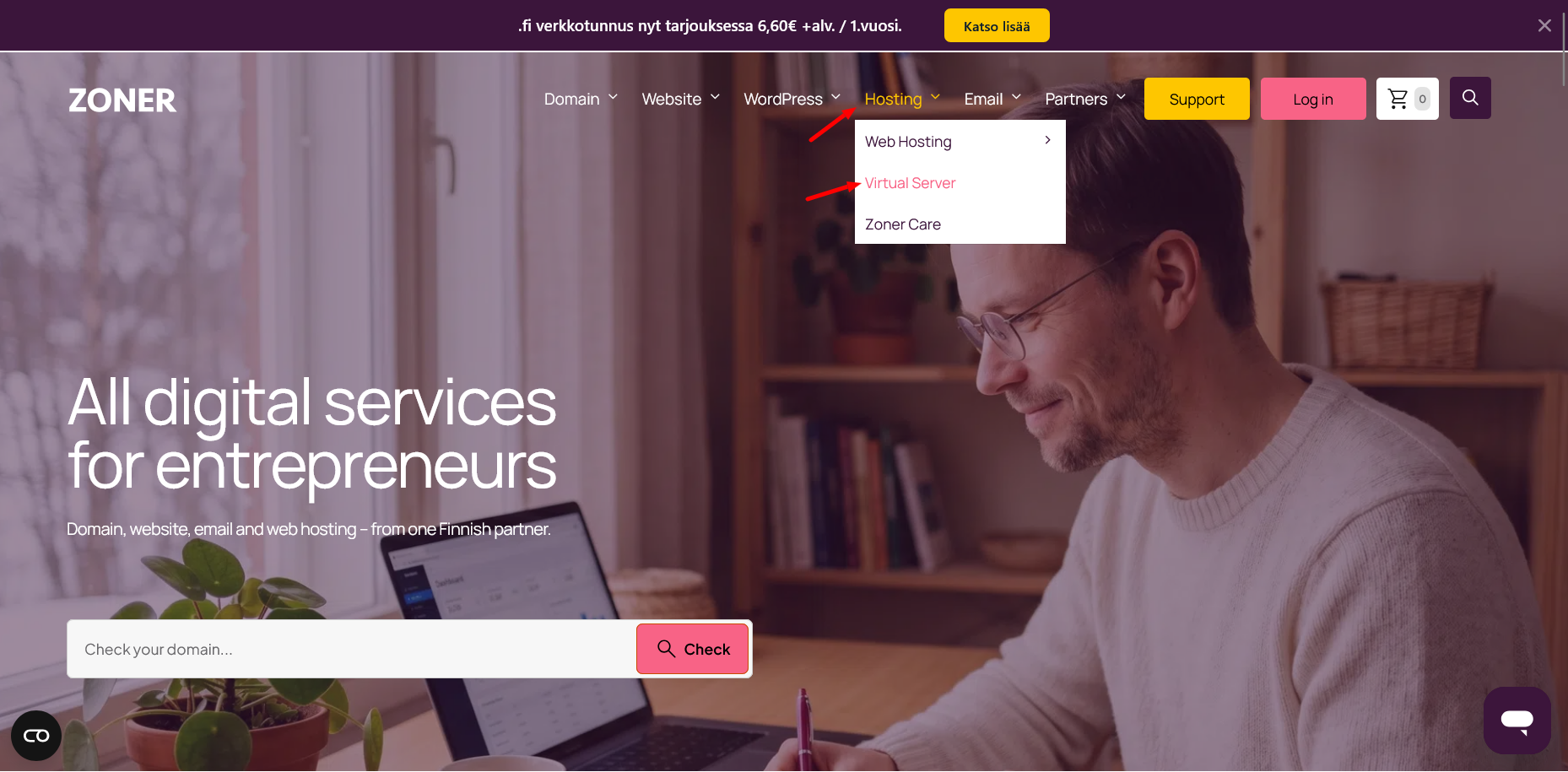 screenshot of Zoner website Hosting dropdown menu