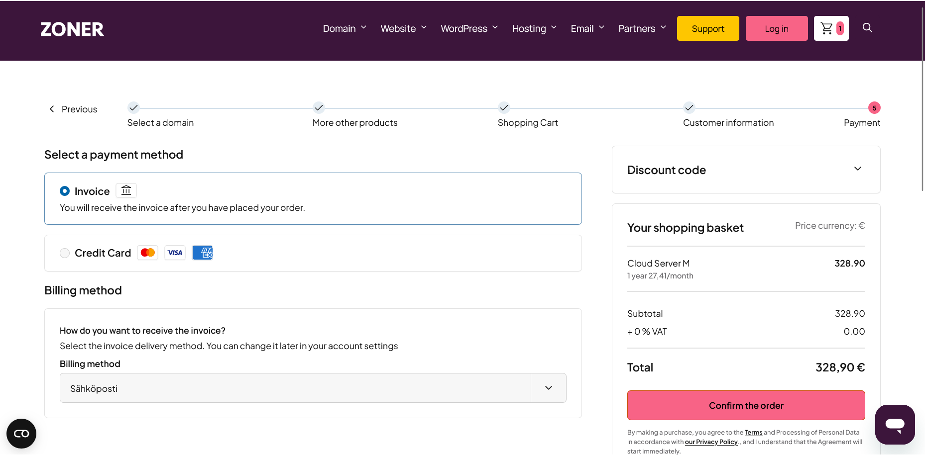 screenshot of Payment methods