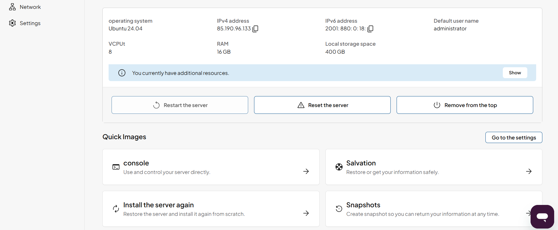 screenshot of Zoner Server Management page