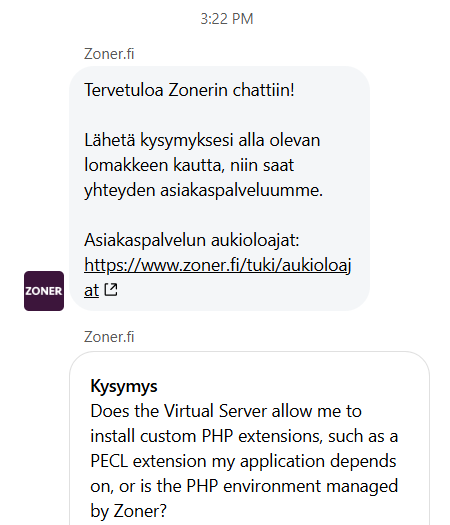 screenshot of Zoner live chat conversation