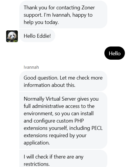 screenshot of Zoner live chat conversation