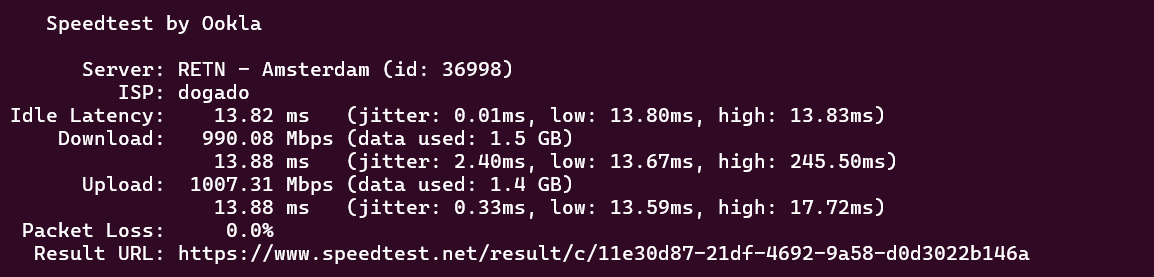 screenshot of Network test result