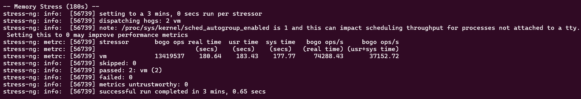 screenshot of Memory Stress test result