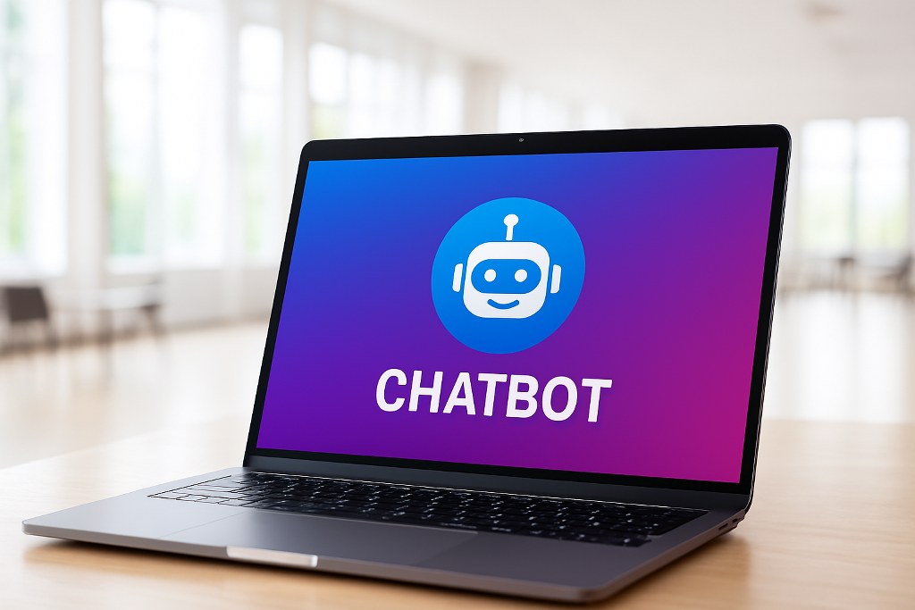A generic chatbot logo on a laptop.