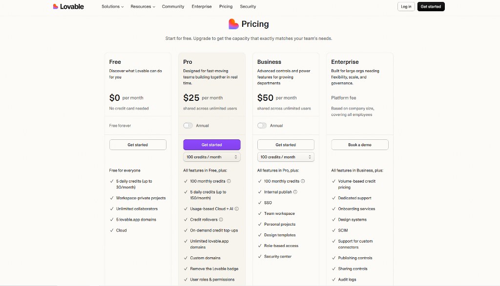 A screenshot of Lovable's pricing page.