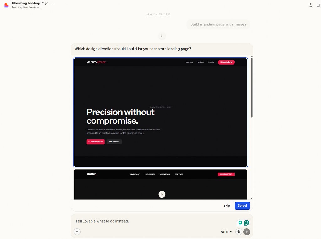 A user prompting Lovable to build a landing page with images, this costs 2.00 credits.